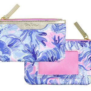 Lilly Pulitzer Shade Seekers Pink & Blue ID Coin Purse Key Ring Gold Accents